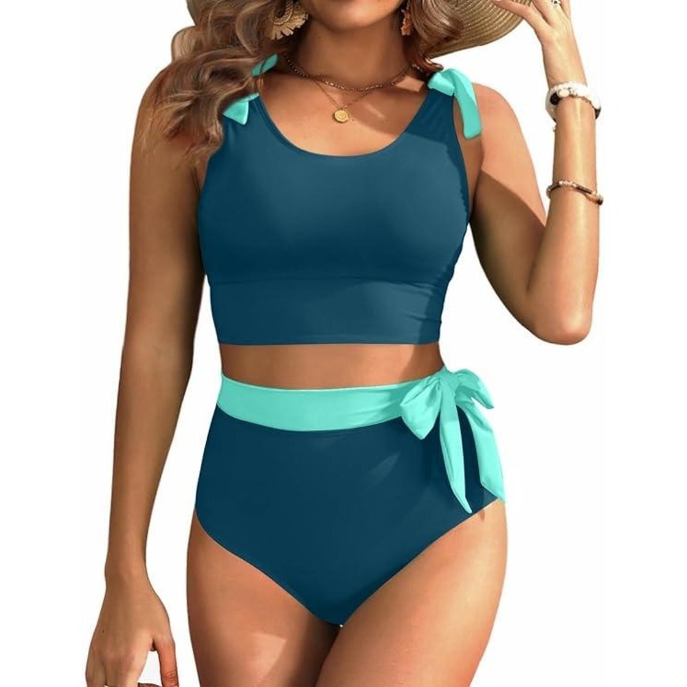 Yonique Teal High Waisted Tummy Control Tie Shoulder Two Piece Swimsuit XL NWT